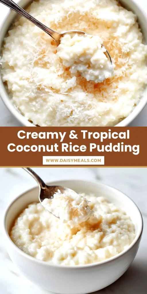 An aesthetic overhead shot of creamy coconut rice pudding in a white bowl, garnished with toasted coconut flakes and a cinnamon stick. The perfect pin to showcase this easy dessert recipe.
