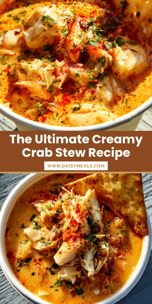 A close-up overhead shot of a rich and creamy crab stew recipe served in a white bowl, garnished with fresh parsley. This image is perfect for a Pinterest pin about seafood stew.