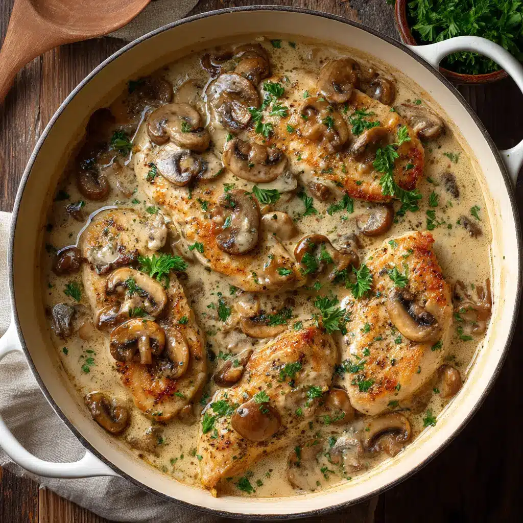A white enamel pot filled with creamy crockpot mushroom chicken, showing tender chicken thighs smothered in a rich gravy with sliced mushrooms.