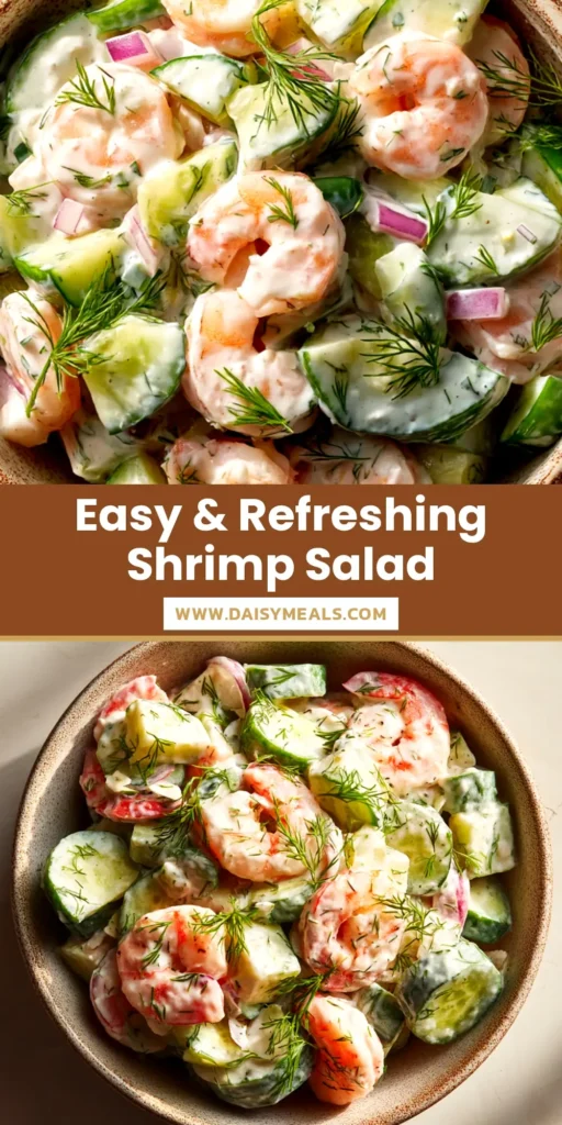 Cucumber Shrimp Salad (The BEST Creamy Recipe!) 4 A top-down view of a vibrant Cucumber Shrimp Salad in a white bowl, highlighting the creamy dill dressing and pink shrimp.