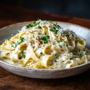 A close-up view of creamy fettuccine alfredo being twirled on a fork, showing the rich texture of the sauce.