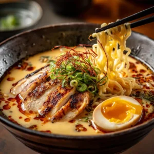 A beautiful bowl of homemade creamy chicken ramen soup, showcasing the rich broth, sliced chicken, a jammy soft-boiled egg, and fresh green onions.