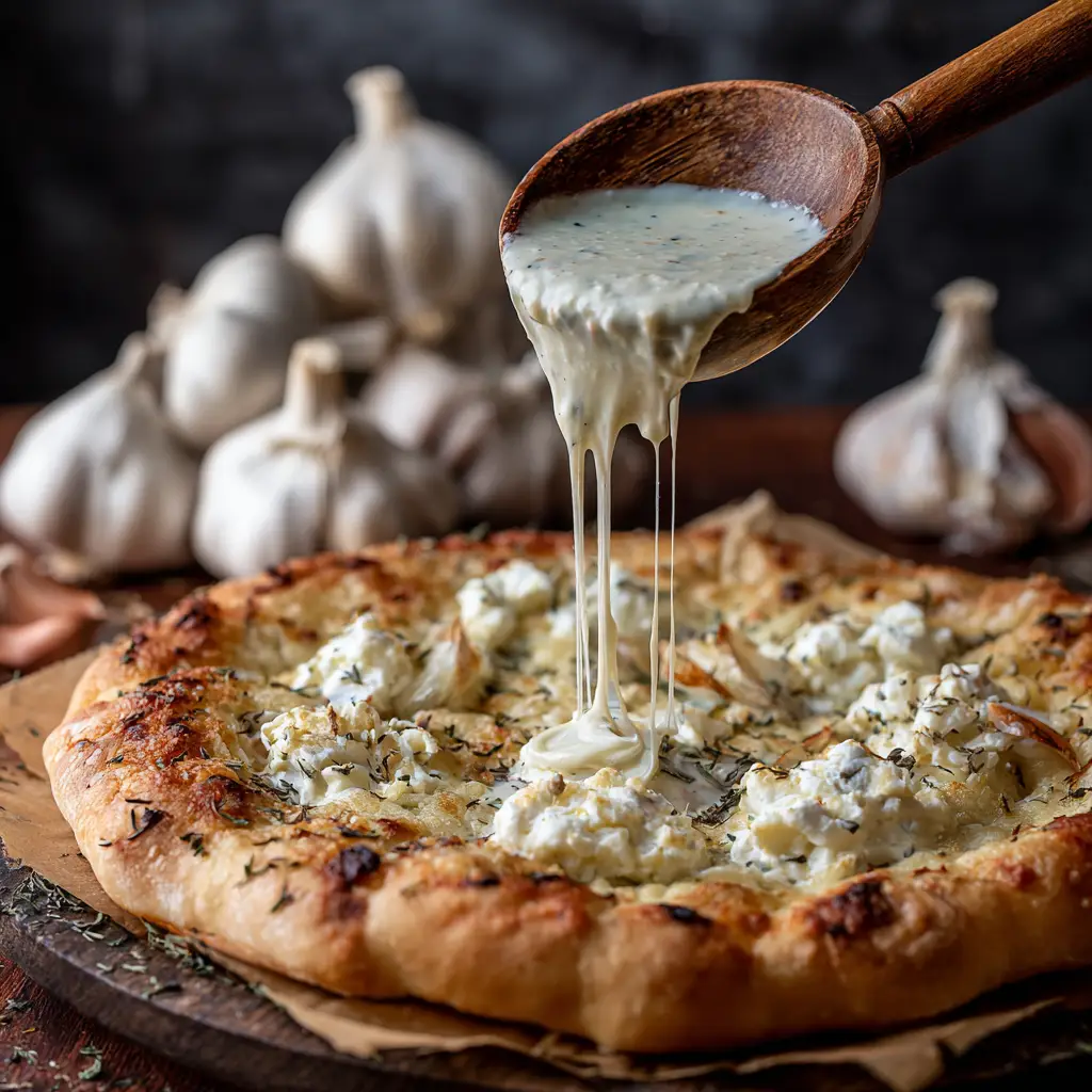 An extreme close-up shot of a pizza topped with creamy garlic sauce, melted mozzarella cheese, and fresh basil.