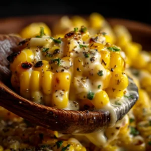 A close-up spoonful of honey butter corn, showing the creamy texture and golden kernels. An easy side dish recipe.