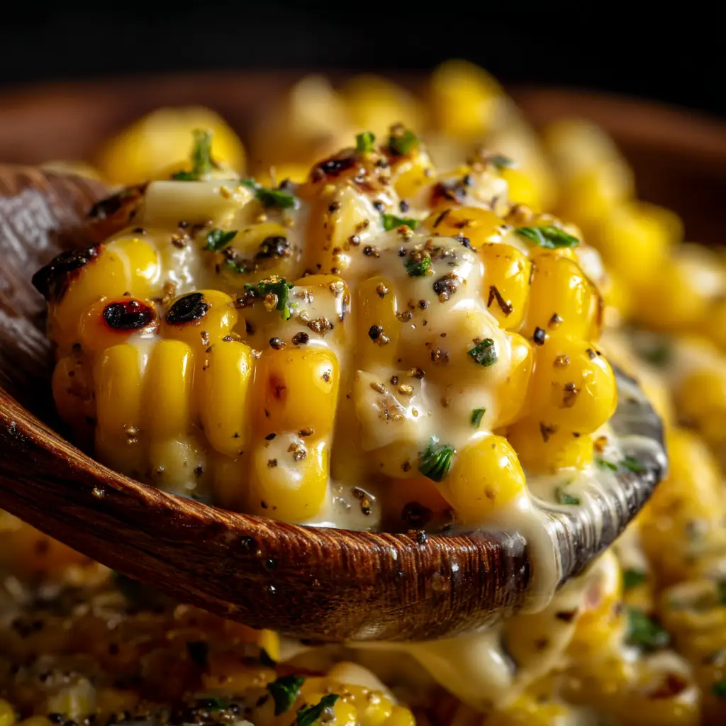 A close-up spoonful of honey butter corn, showing the creamy texture and golden kernels. An easy side dish recipe.