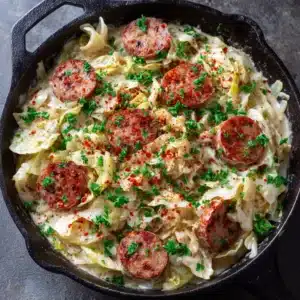 An extreme close-up overhead shot of the creamy keto alfredo sauce coating the sausage and cabbage, showing the rich texture.