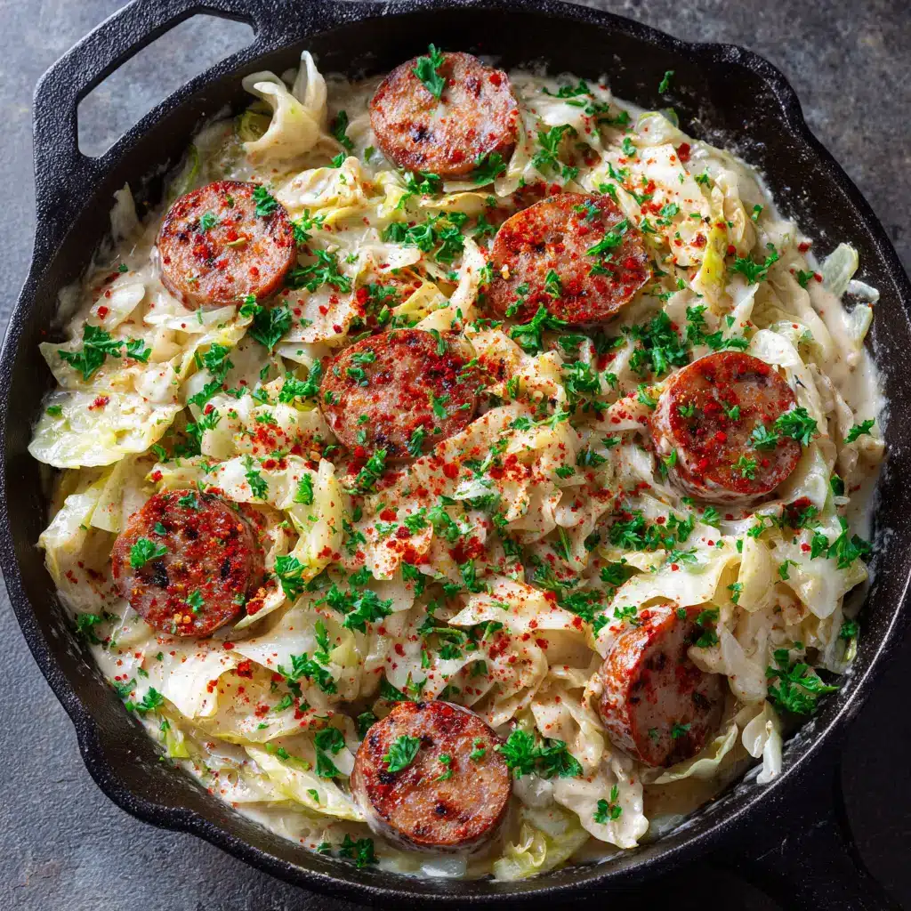 An extreme close-up overhead shot of the creamy keto alfredo sauce coating the sausage and cabbage, showing the rich texture.