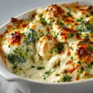 An extreme close-up shot of the creamy keto alfredo sauce coating tender pieces of chicken and broccoli in the bake.