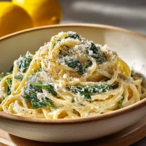 An extreme close-up of creamy lemon pasta, showing the silky ricotta sauce clinging to individual strands of spaghetti.
