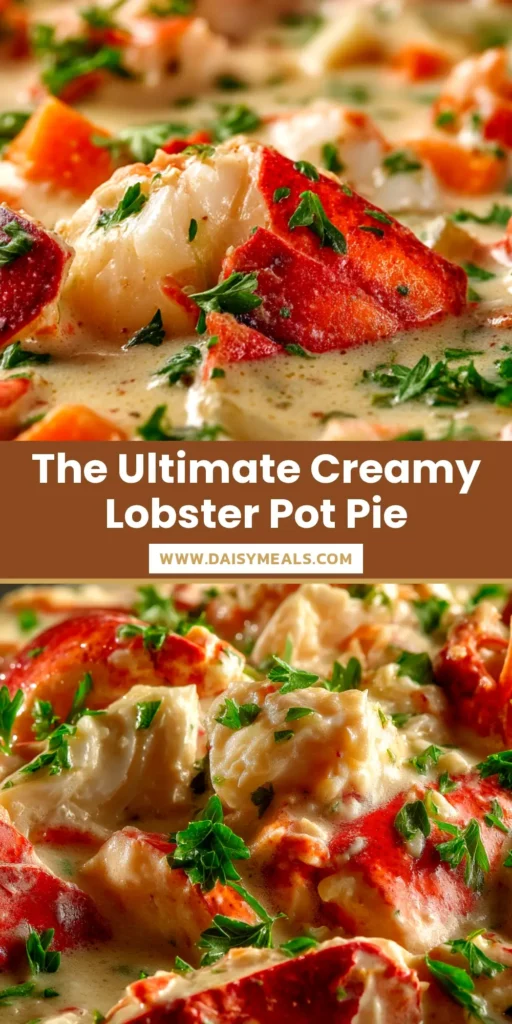 A golden-brown, flaky puff pastry crust tops an individual serving of creamy lobster pot pie in a white ramekin, ready to be eaten.