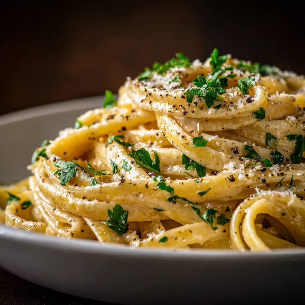 An extreme close-up of thick linguine noodles coated in a silky, creamy miso pasta sauce, showing the glossy texture of the dish.
