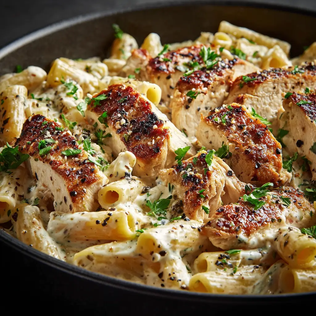 Creamy Ricotta Chicken Pasta (The Ultimate Weeknight Dinner) 1 A fork twirling rigatoni coated in a lemon ricotta sauce with a piece of tender chicken from a bowl of Creamy Ricotta Chicken Pasta.