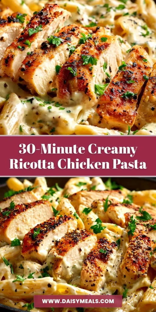 Creamy Ricotta Chicken Pasta (The Ultimate Weeknight Dinner) 3 A close-up overhead shot of a white bowl filled with Creamy Ricotta Chicken Pasta, garnished with fresh basil and parmesan cheese.