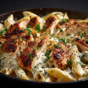 An extreme close-up of creamy chicken pasta, showing the rich texture of the ricotta sauce clinging to a piece of rigatoni and chicken.