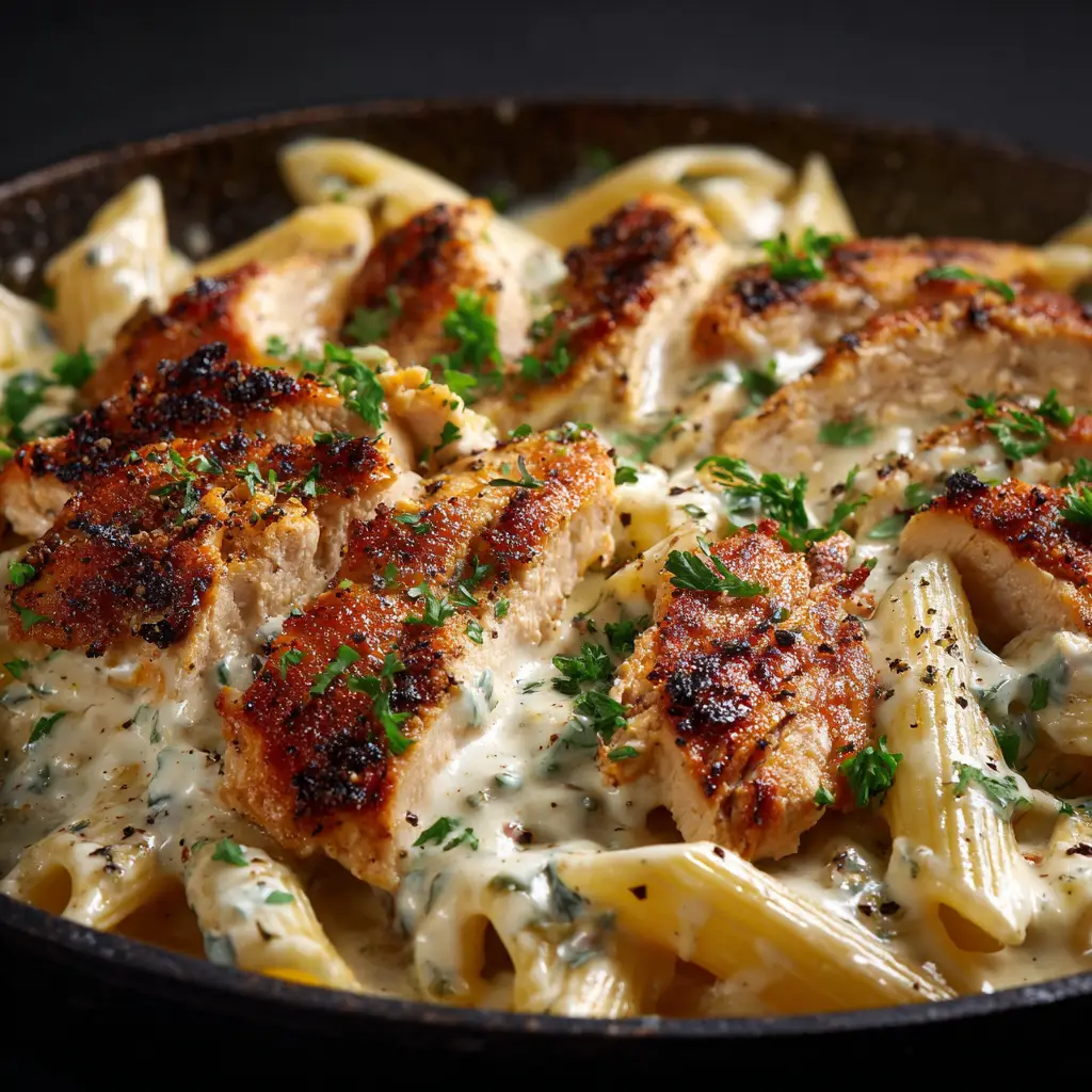 Creamy Ricotta Chicken Pasta (The Ultimate Weeknight Dinner) 2 An extreme close-up of creamy chicken pasta, showing the rich texture of the ricotta sauce clinging to a piece of rigatoni and chicken.
