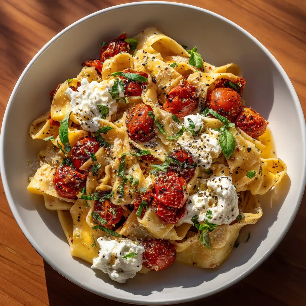 An overhead shot of creamy roasted tomato pasta in a white bowl. The pasta is perfectly coated in a smooth, rich tomato cream sauce.