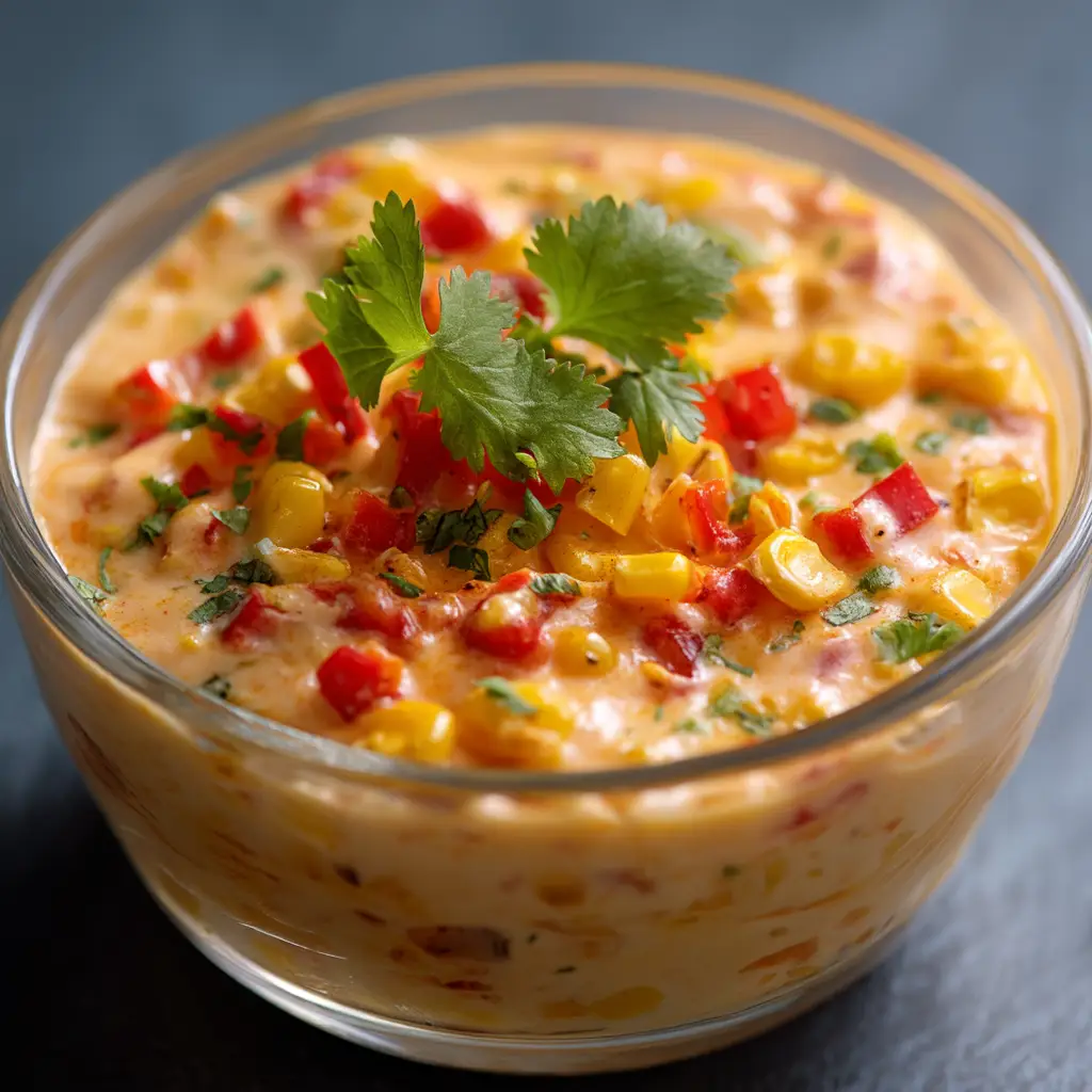 An extreme close-up of a bowl of creamy Rotel Ranch Dip, showing the texture with bits of tomato, green chilies, and cheese.