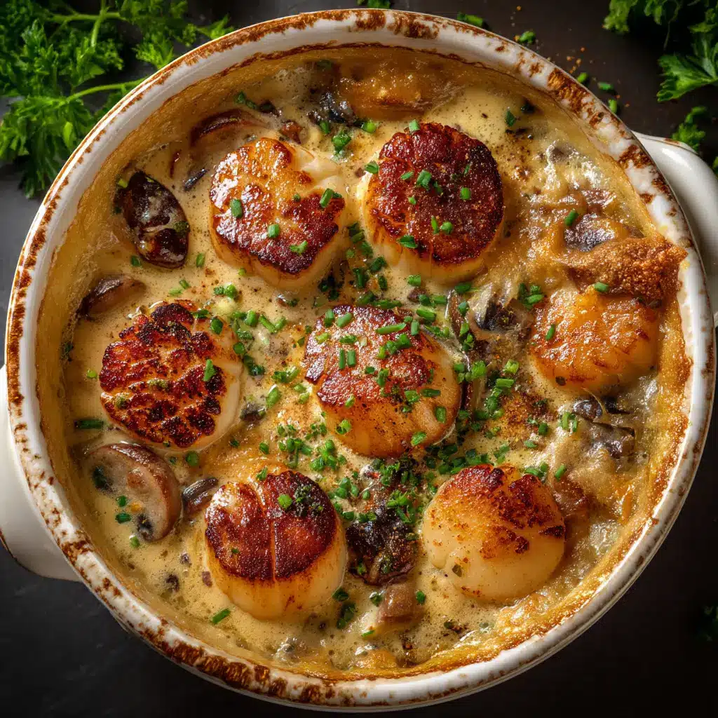 An overhead shot of a creamy seafood cassolette in a rustic baking dish, ready to be served.