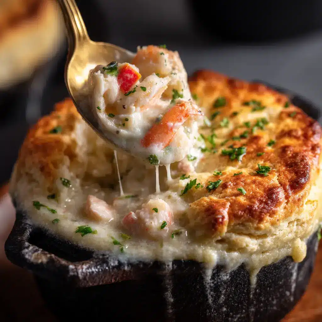 A close-up shot of the creamy seafood filling for the pot pie, featuring tender shrimp, scallops, and peas in a rich sauce.