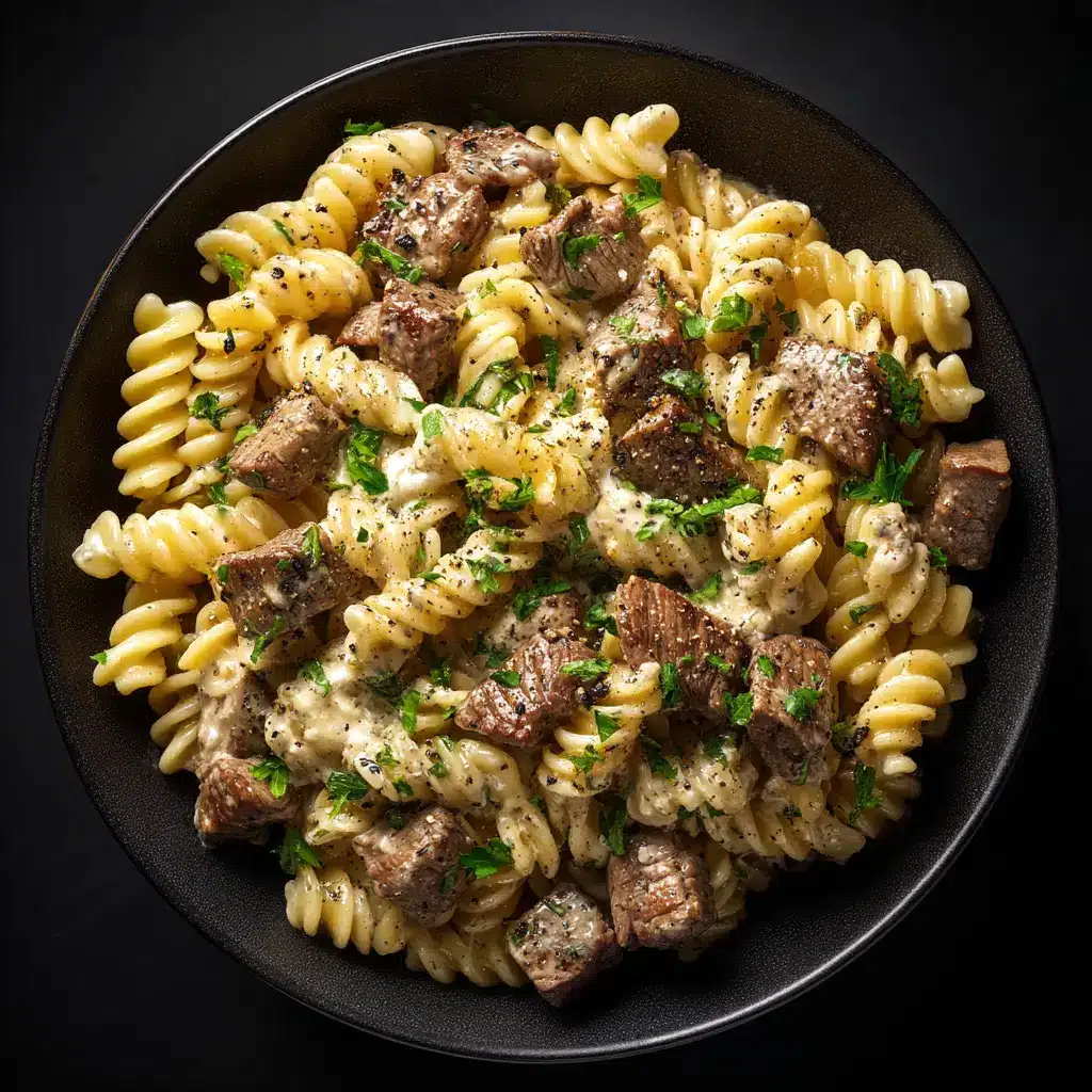 An overhead view of creamy steak pasta in a dark bowl, highlighting the tender pieces of sirloin steak and the luscious garlic butter sauce.