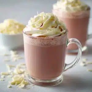 A glass mug filled with homemade pink strawberry hot chocolate, showcasing its creamy texture against a cozy background.