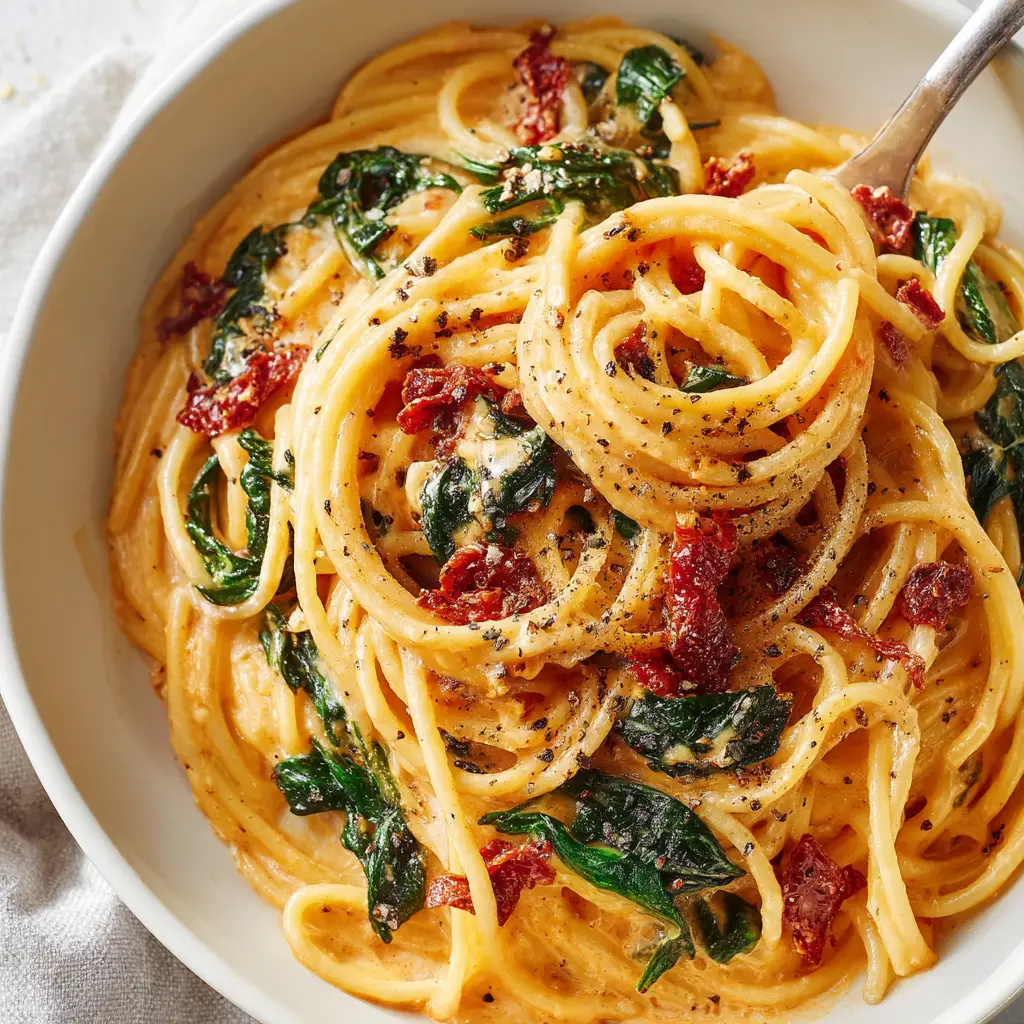 A close-up shot of spaghetti coated in a vibrant, creamy tomato sauce, garnished with parmesan cheese and fresh herbs. The texture of the rich sauce is clearly visible.