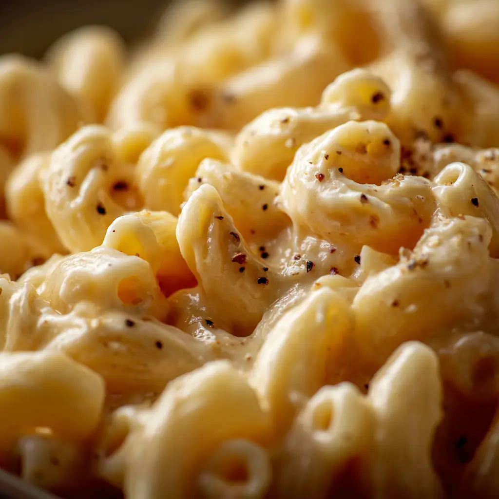 White Cheddar Mac and Cheese: The Ultimate Creamy Recipe 2 An extreme close-up shot of homemade white cheddar mac and cheese, showing the creamy texture of the cheese sauce coating the pasta shells.