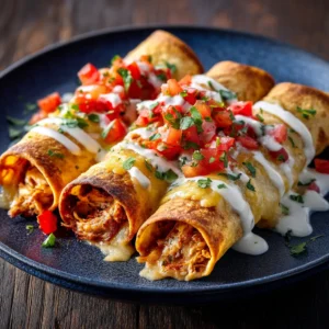 Three golden-brown baked chicken taquitos arranged neatly, showcasing their crispy texture.