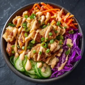 A close-up shot of the crispy chicken pieces coated in the creamy, spicy bang bang sauce.