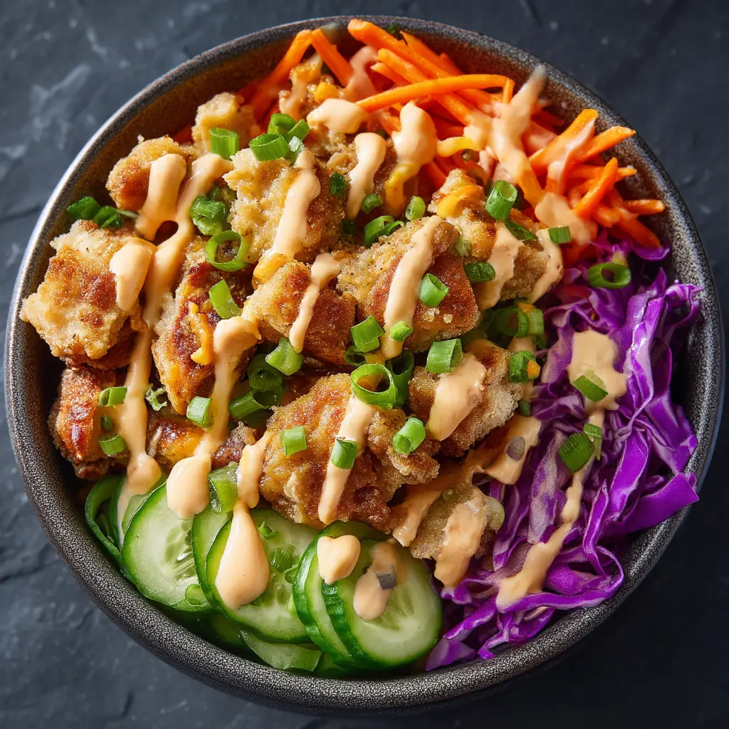 A close-up shot of the crispy chicken pieces coated in the creamy, spicy bang bang sauce.