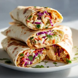 Three golden-brown, crispy BBQ chicken tortilla wraps stacked on a plate, ready to be served for a quick weeknight dinner.