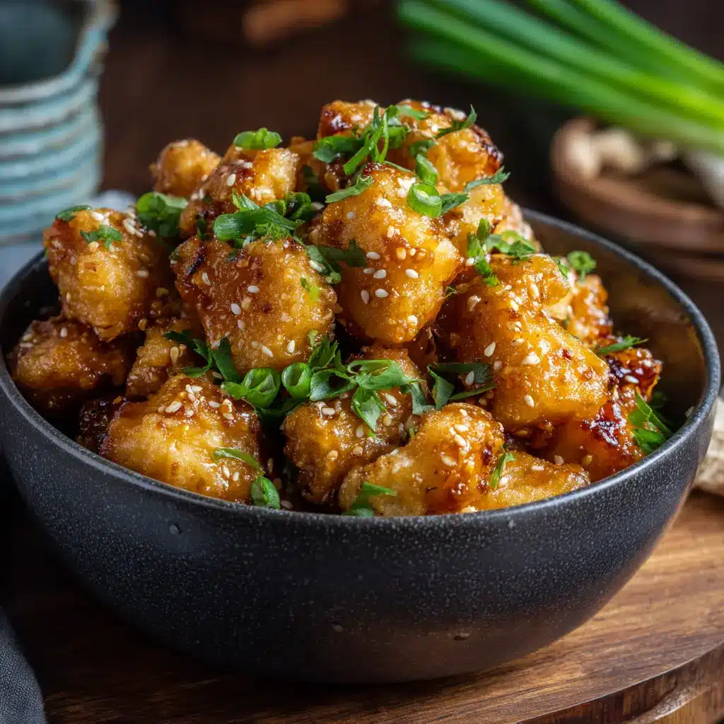 A close-up shot of golden brown, crispy chicken pieces in a skillet, before being coated in the honey butter sauce. Shows the perfect texture of the chicken.