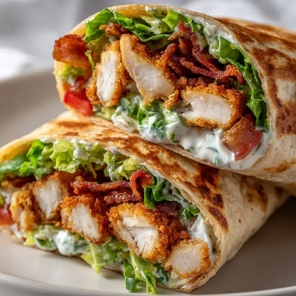 An extreme close-up shot of the inside of a crispy chicken wrap, highlighting the textures of the chicken, bacon, and fresh lettuce.