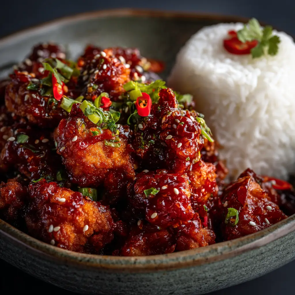 A serving of crispy dragon chicken stir-fry in a bowl, ready to be eaten. The dish is garnished with cashews and spring onions.