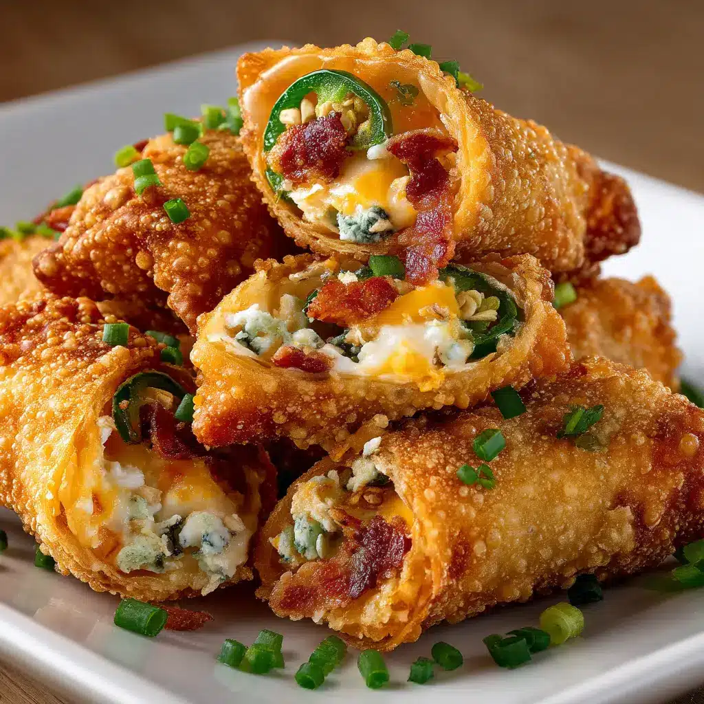 An extreme close-up shot of golden-brown jalapeno popper egg rolls, showcasing their crispy texture and delicious filling.