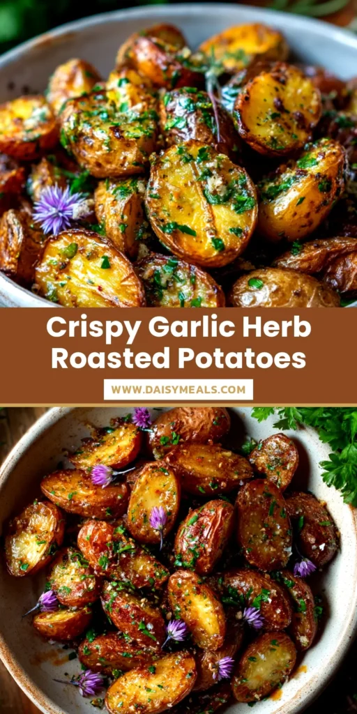 A top-down view of perfectly crispy roasted fingerling potatoes on a baking sheet, garnished with fresh herbs. The potatoes are golden-brown and glistening.