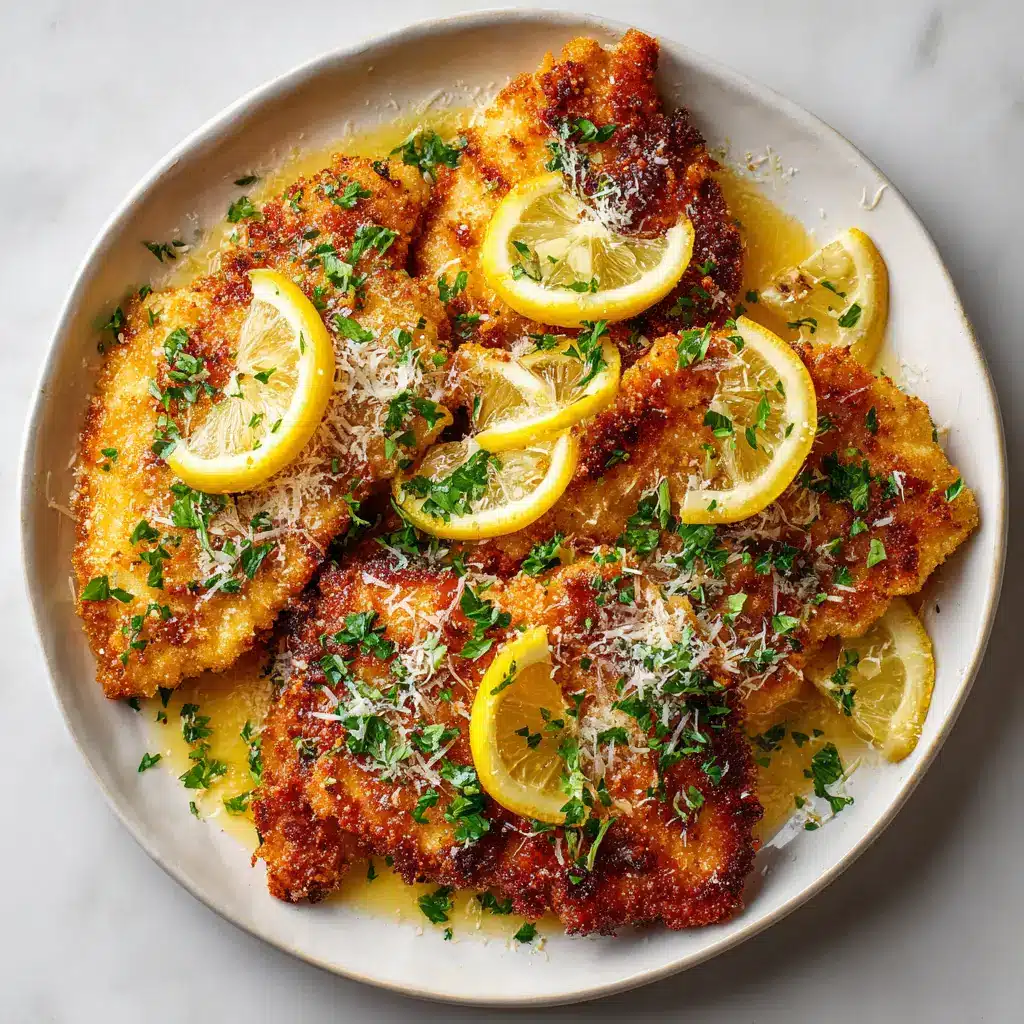 A close-up of a pan-fried chicken cutlet with a golden-brown Romano cheese crust, ready to be sauced.