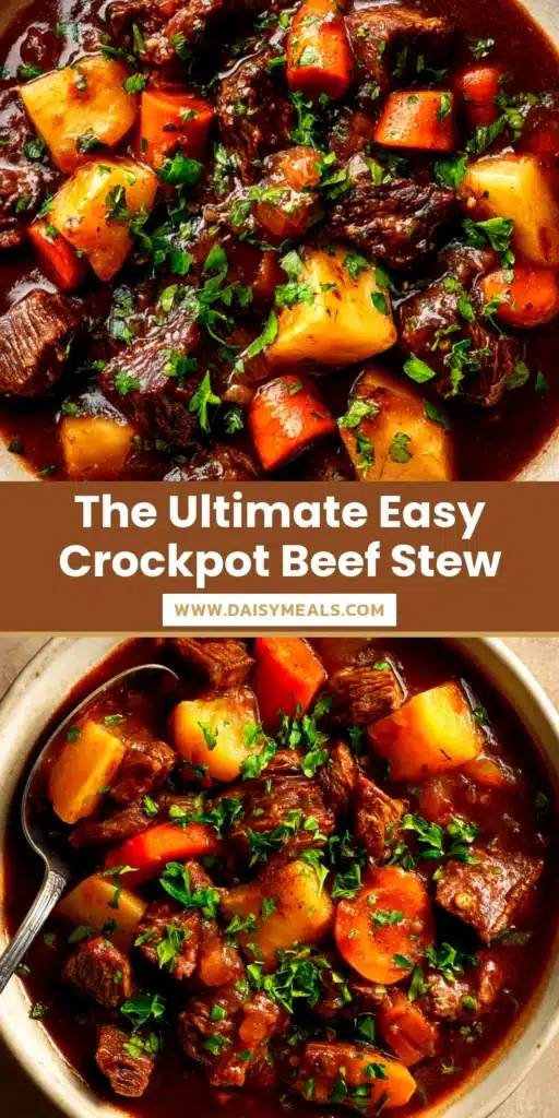 A delicious and hearty Crockpot Beef Stew in a white bowl, showing tender beef, carrots, and potatoes in a rich gravy, ready to be eaten.
