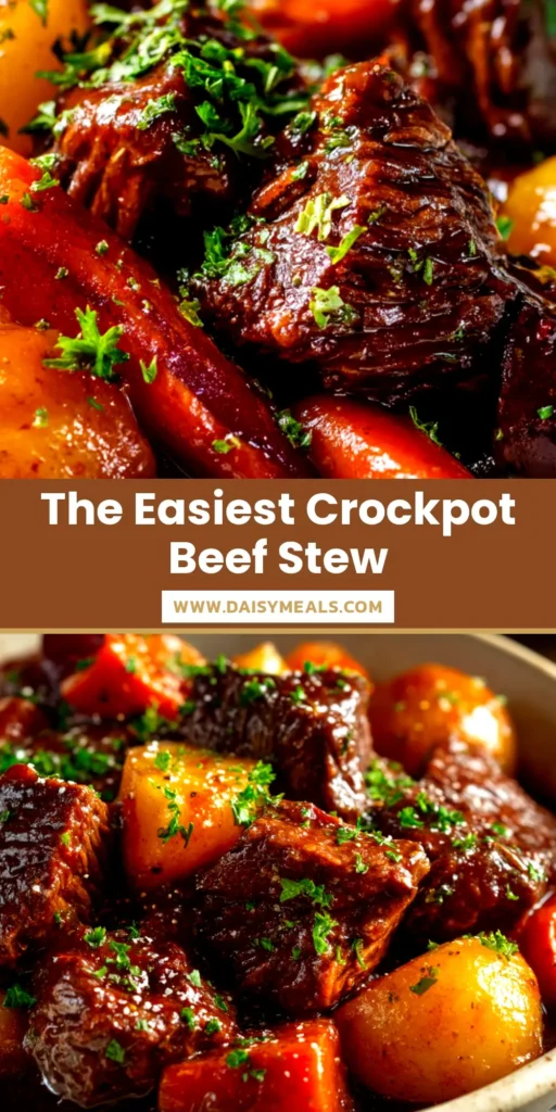 A delicious and hearty Crockpot Beef Stew in a white bowl, garnished with fresh parsley. This easy slow cooker recipe features tender beef, carrots, and potatoes in a rich gravy.