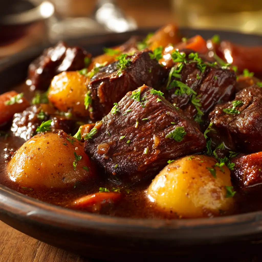 A spoonful of crockpot beef stew, showing the perfect bite of beef, potatoes, and carrots.