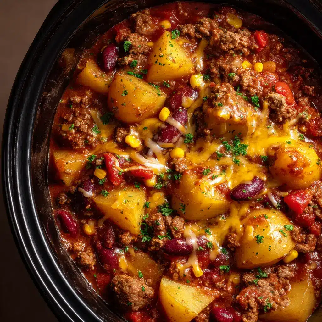 Slow Cooker Cowboy Casserole: The Ultimate Hearty Dinner 2 A close-up shot of the hearty crockpot cowboy casserole, showing the rich texture of the ground beef and bean filling.