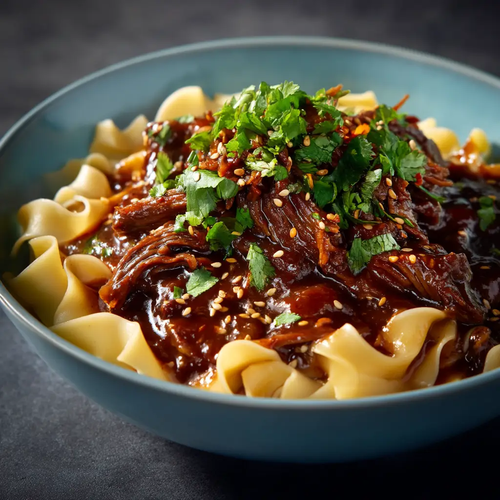 A close-up shot of tender crockpot Korean beef and noodles, highlighting the rich and savory gochujang sauce.