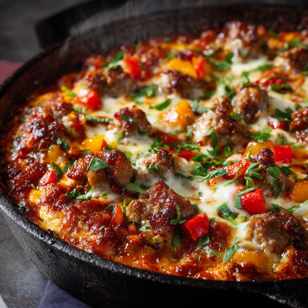 An extreme close-up of a crustless pizza bowl, showcasing the bubbly, browned mozzarella cheese and savory pepperoni toppings.