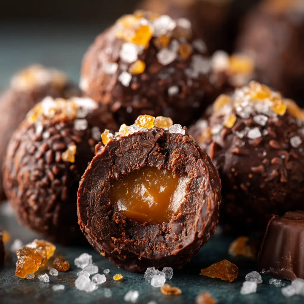 An extreme close-up of a pile of dark chocolate salted caramel truffles, highlighting their rich texture and dusting of cocoa.