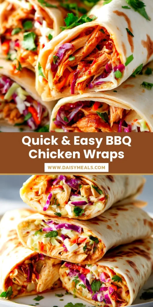 A close-up shot of two delicious BBQ chicken wraps, sliced in half to show the juicy chicken and coleslaw filling. The perfect easy recipe for dinner.