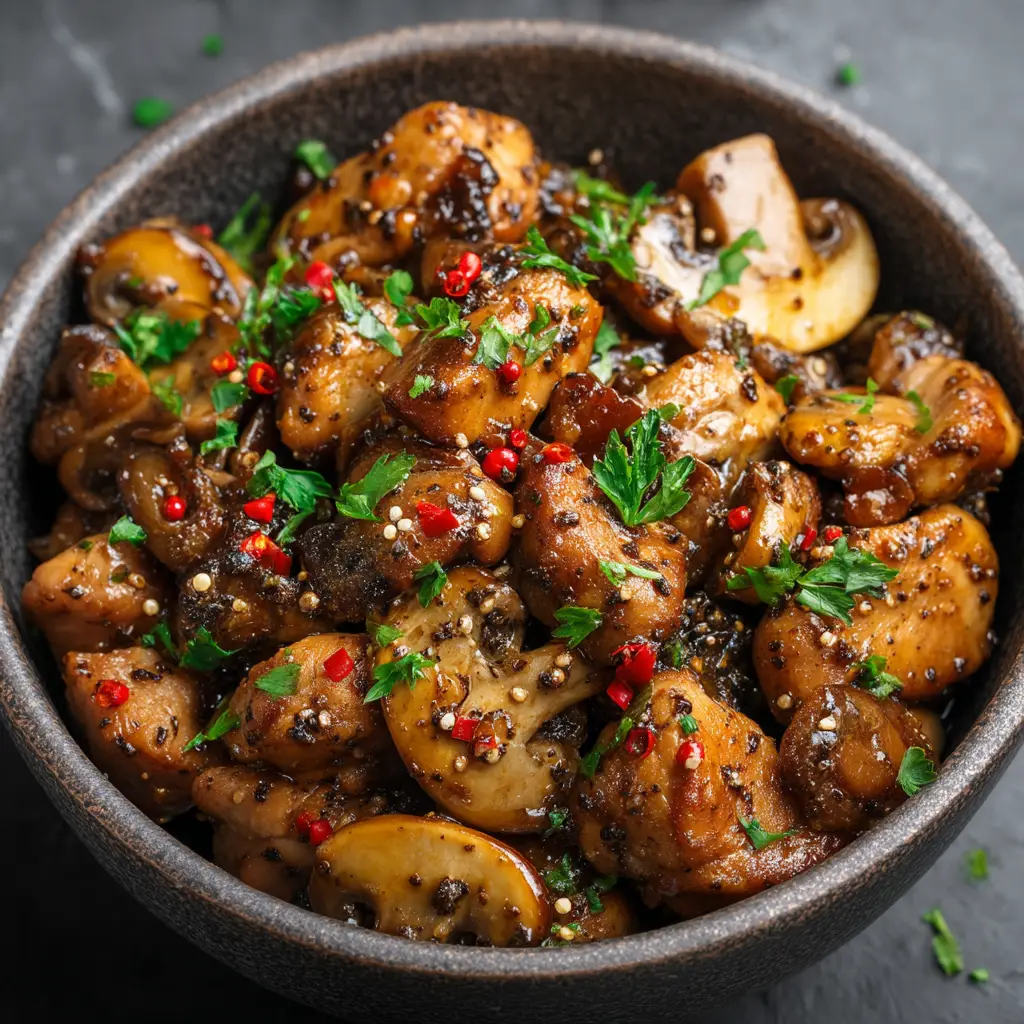 Black Pepper Chicken (Easy 20-Minute Recipe!) 1 A bowl of easy black pepper chicken with celery and onions, showing the rich, dark sauce coating every piece.