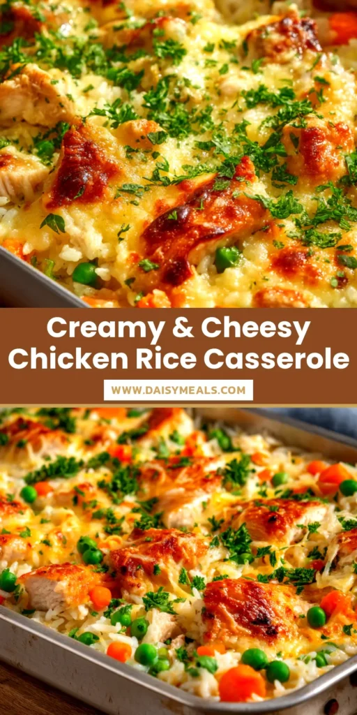 A top-down view of a golden, bubbly chicken and rice casserole in a white baking dish, ready to be served. This easy chicken and rice casserole recipe is the ultimate comfort food.