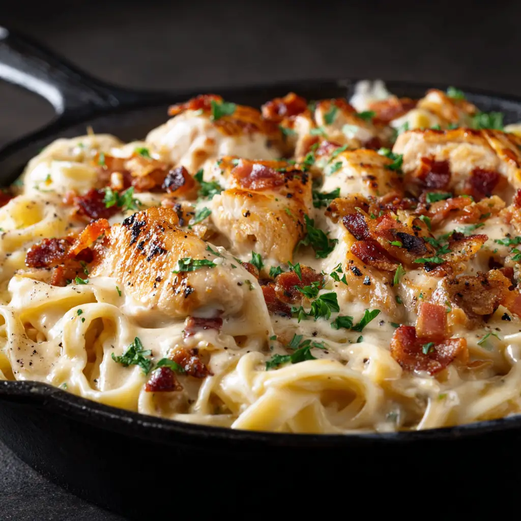 Chicken Bacon Ranch Pasta (The Ultimate Creamy Recipe) 1 A serving of chicken bacon ranch pasta in a bowl, topped with extra crispy bacon bits and finely chopped chives for garnish.