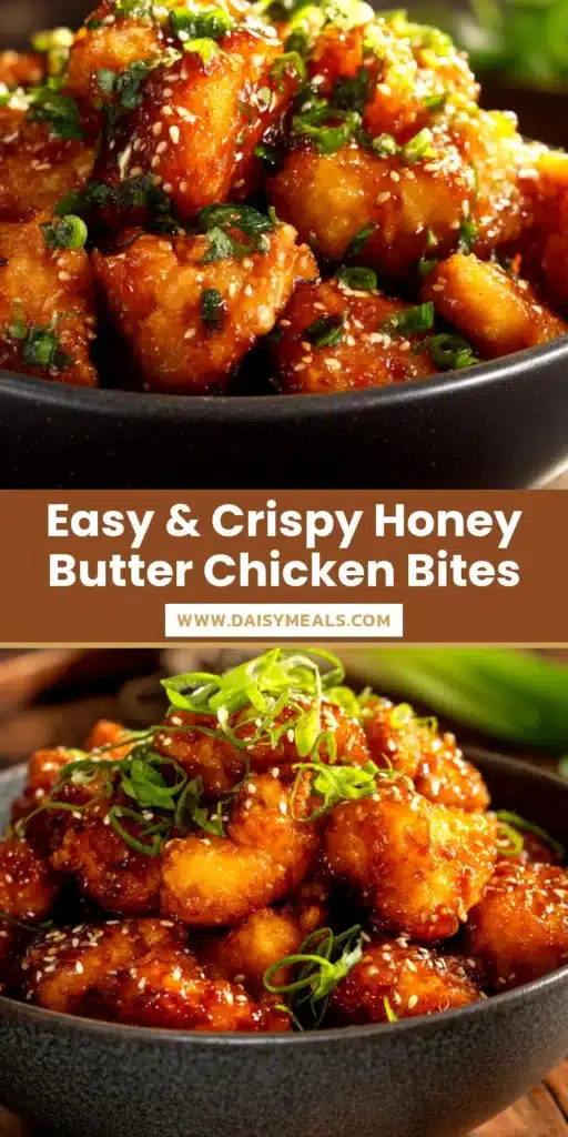 A mouth-watering plate of crispy Honey Butter Chicken, glazed with a shiny, sweet sauce and garnished with sesame seeds. The perfect easy weeknight dinner idea.