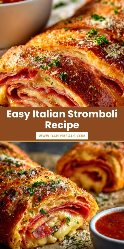 A close-up overhead shot of a perfectly baked golden-brown stromboli, sliced to show the layers of pepperoni, ham, and melted cheese. This shows the final result of the Easy Italian Stromboli Recipe.